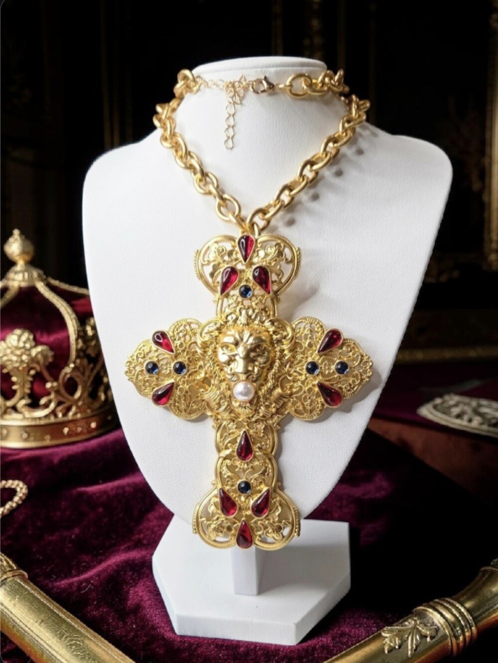 Massive 18k Gold Plated Royal Lion Byzantine Cross Cabochon Statement Necklace